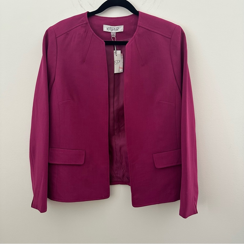 Kasper Magenta Open-Front Collarless Blazer